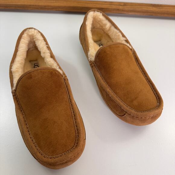 UGG Ascot Corduroy Ii Men\'s Slipper US 10 Chestnut Suede Trim Moccasin Shoes NEW main image 5